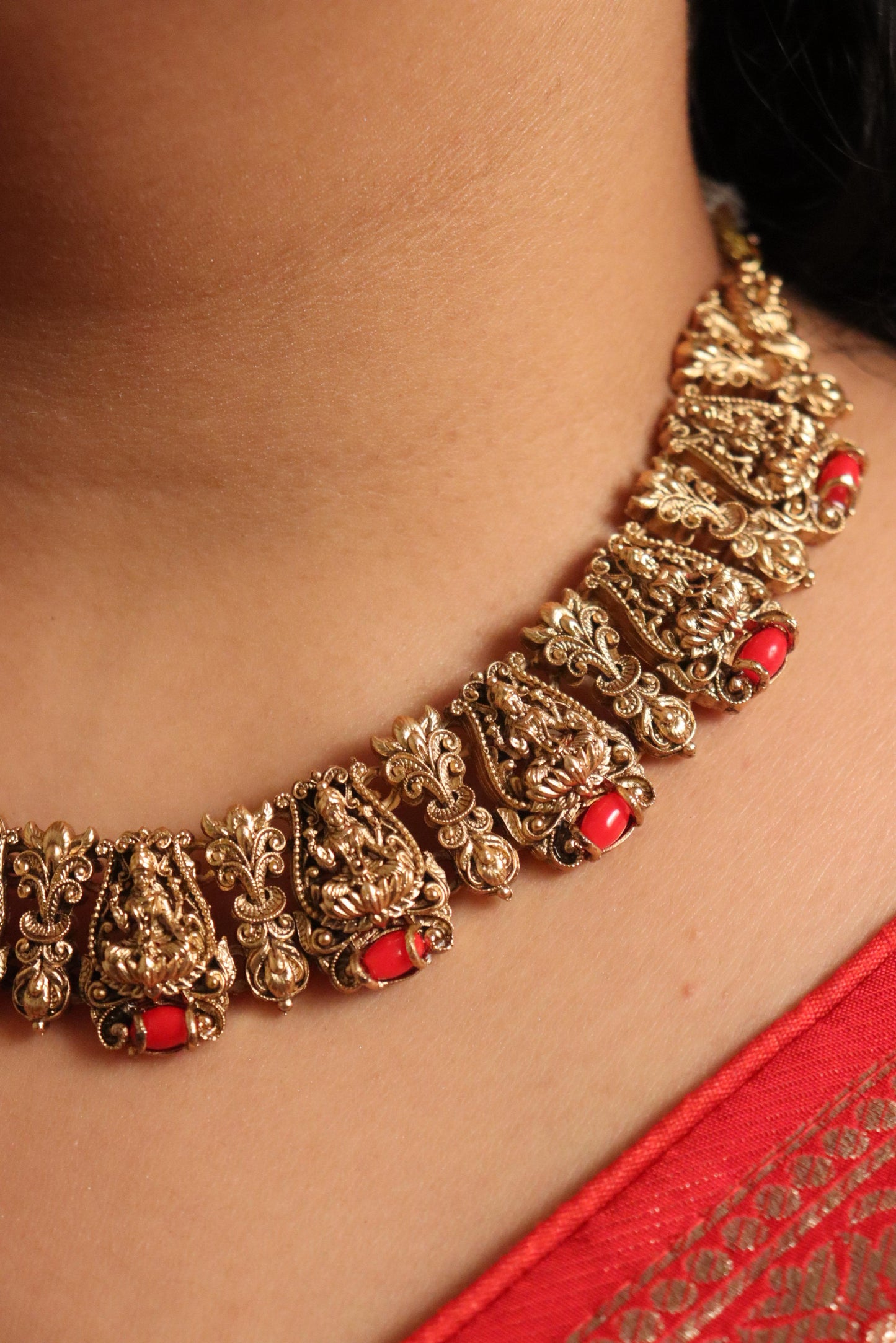 Red Laxmi Temple Necklace Set