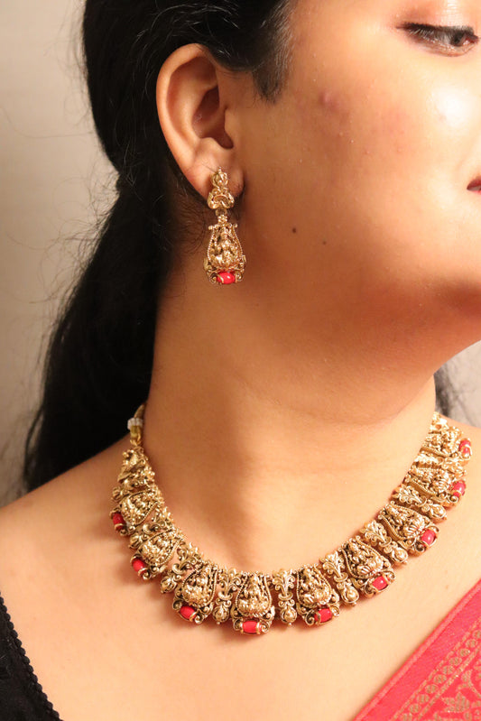 Red Laxmi Temple Necklace Set