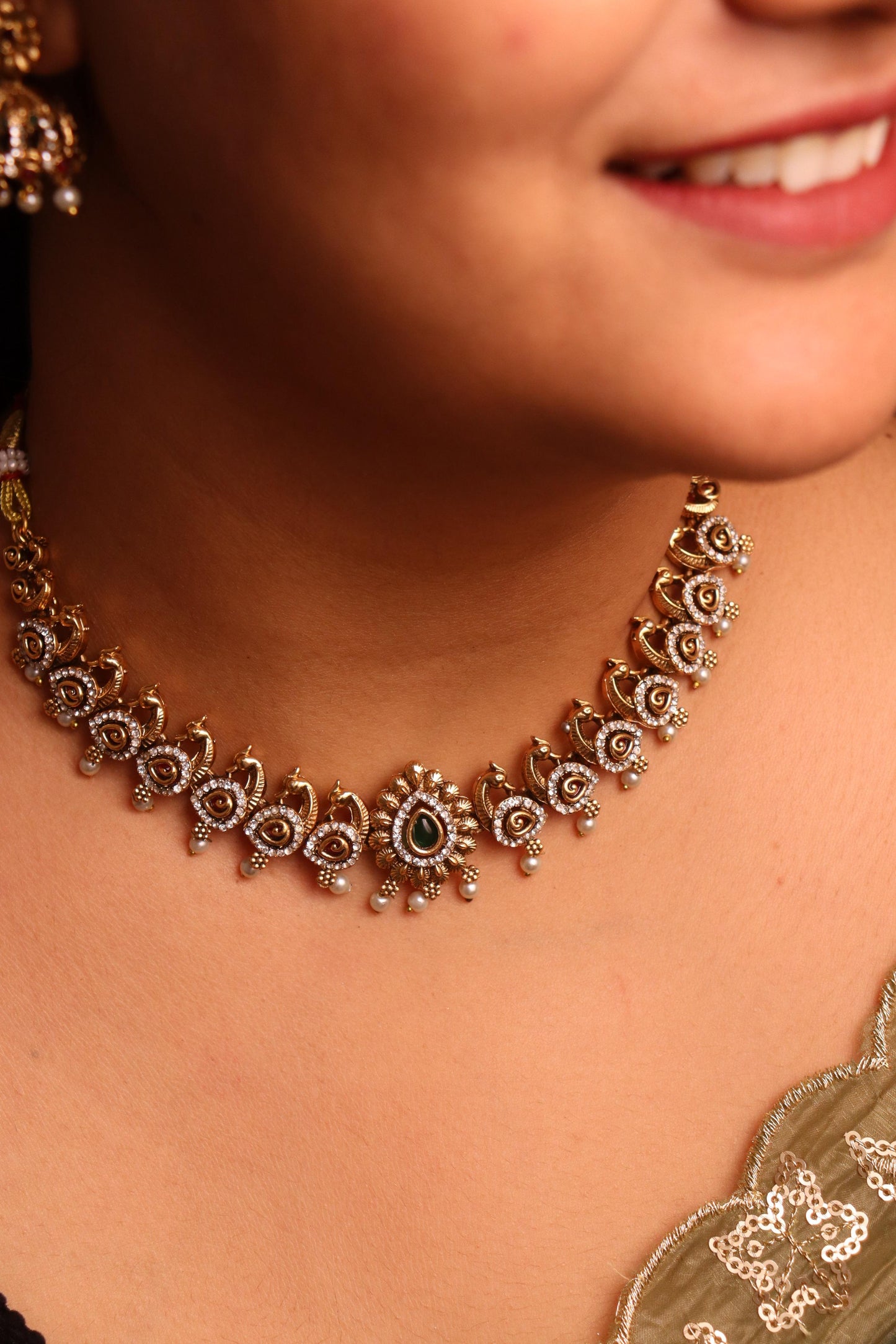 Green Mayur AD Necklace Set