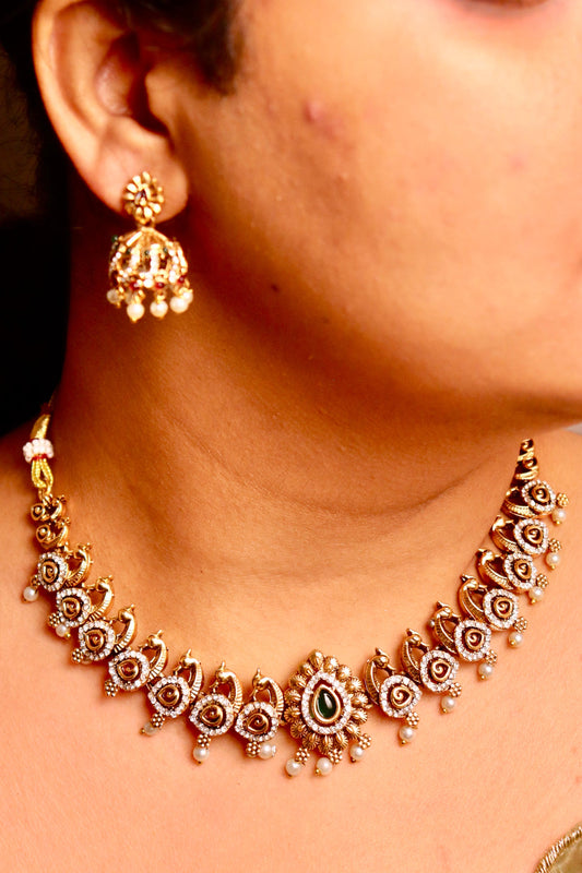 Green Mayur AD Necklace Set