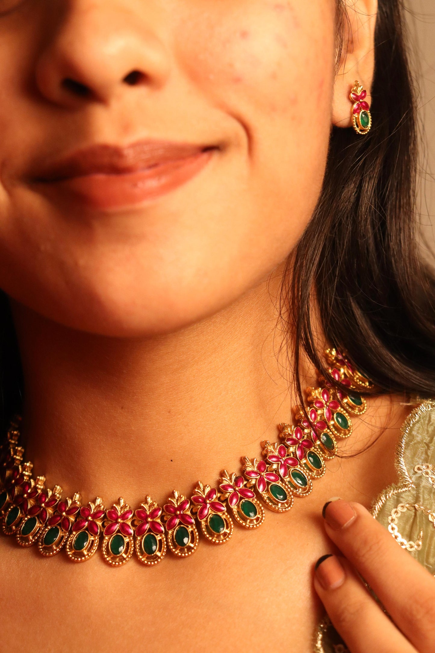 Pink and Green studded necklace set