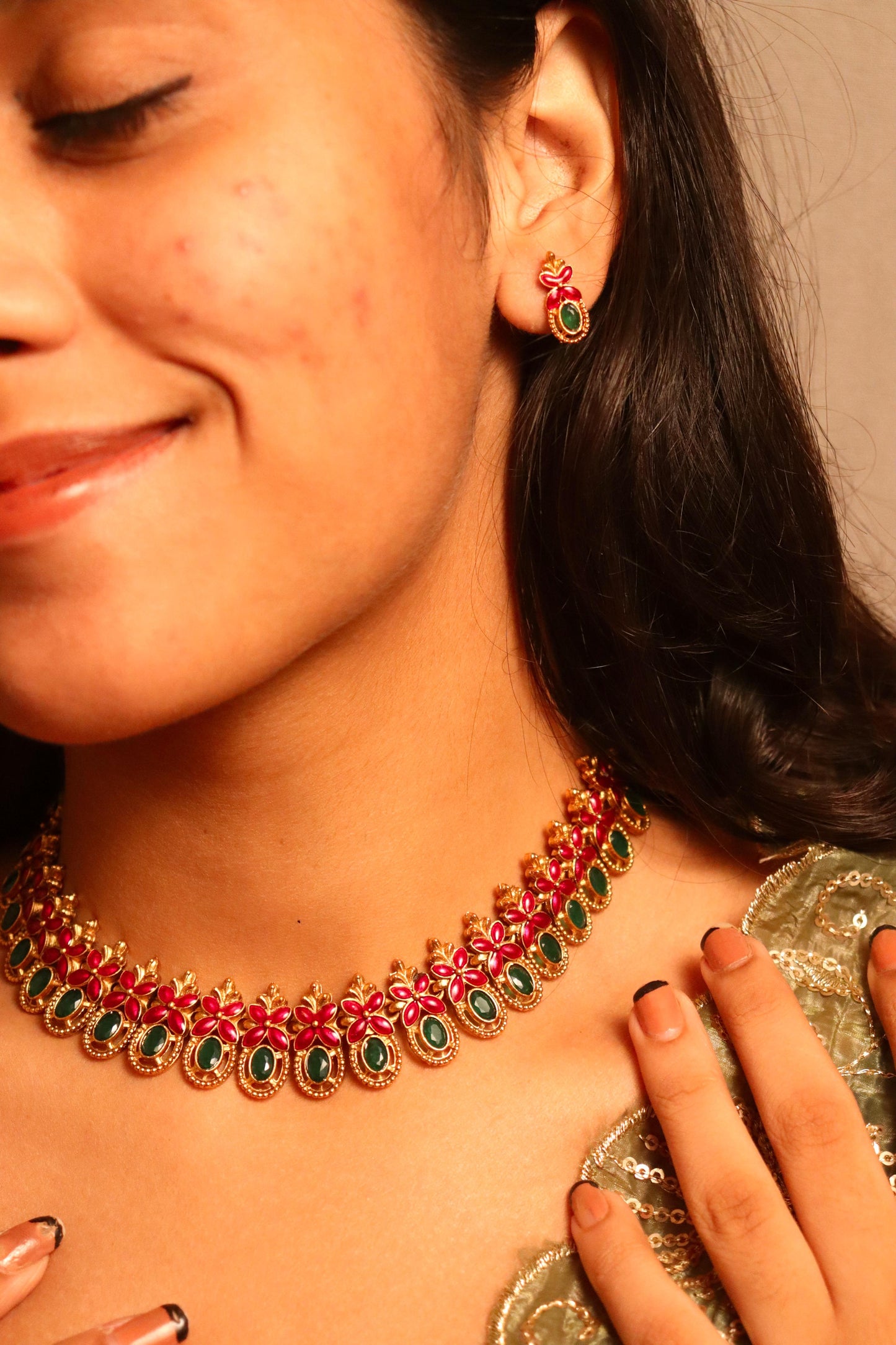 Pink and Green studded necklace set