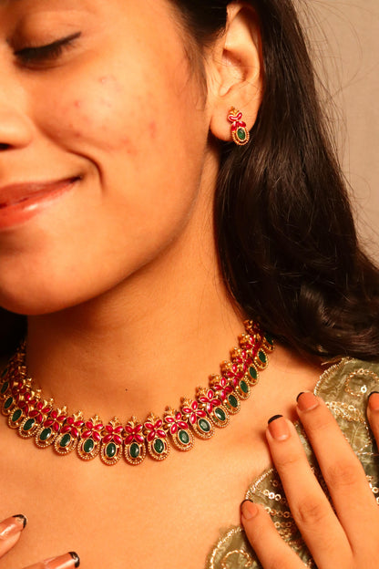 Pink and Green studded necklace set