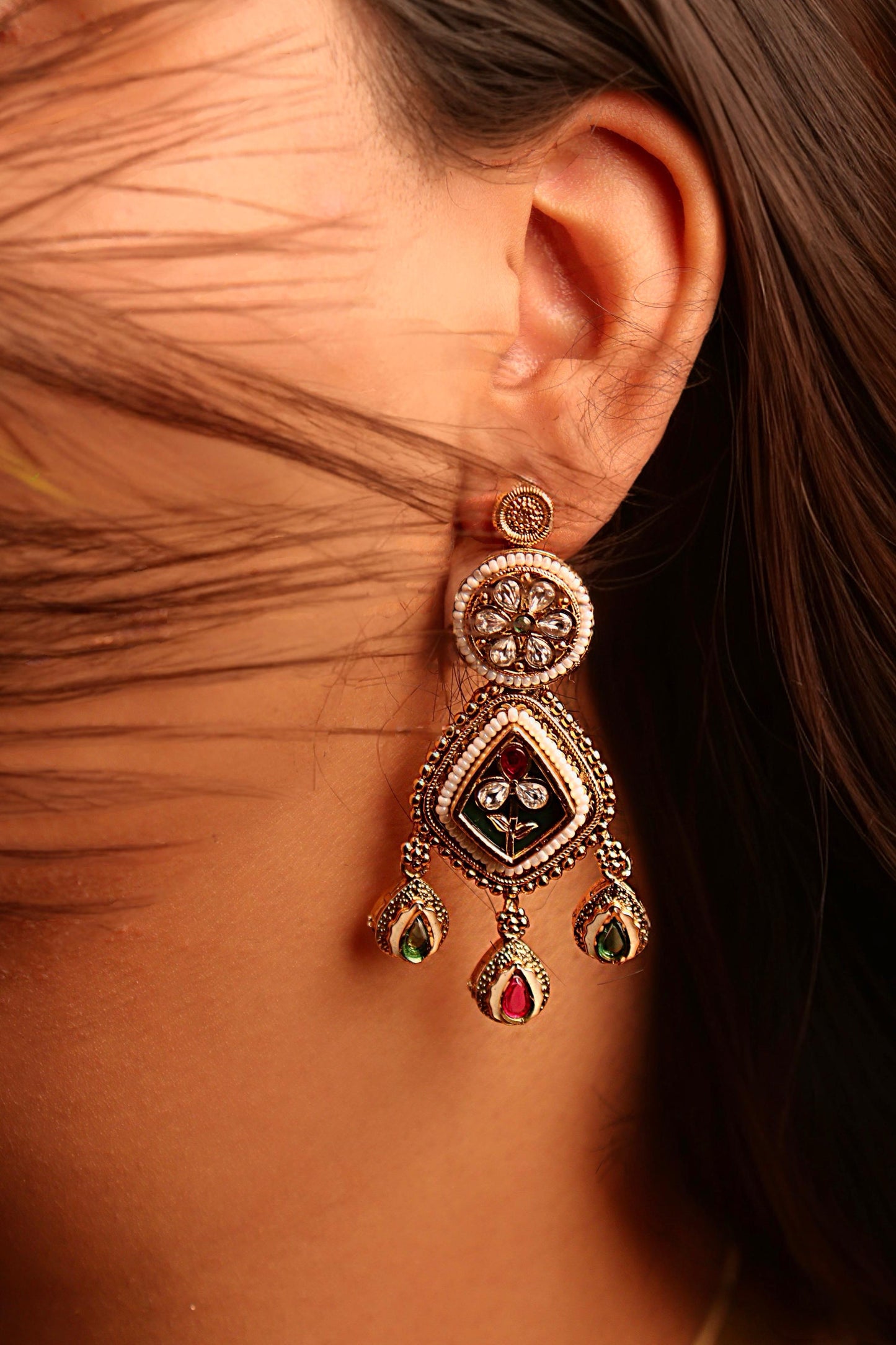 Rukh Green and red Kundan Earring