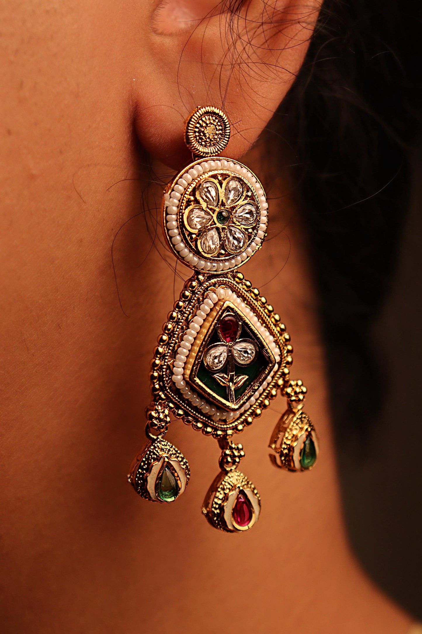 Rukh Green and red Kundan Earring