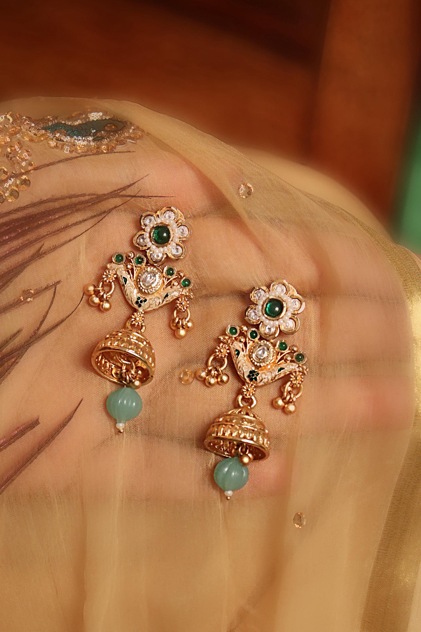 Green Phool Jhumkas