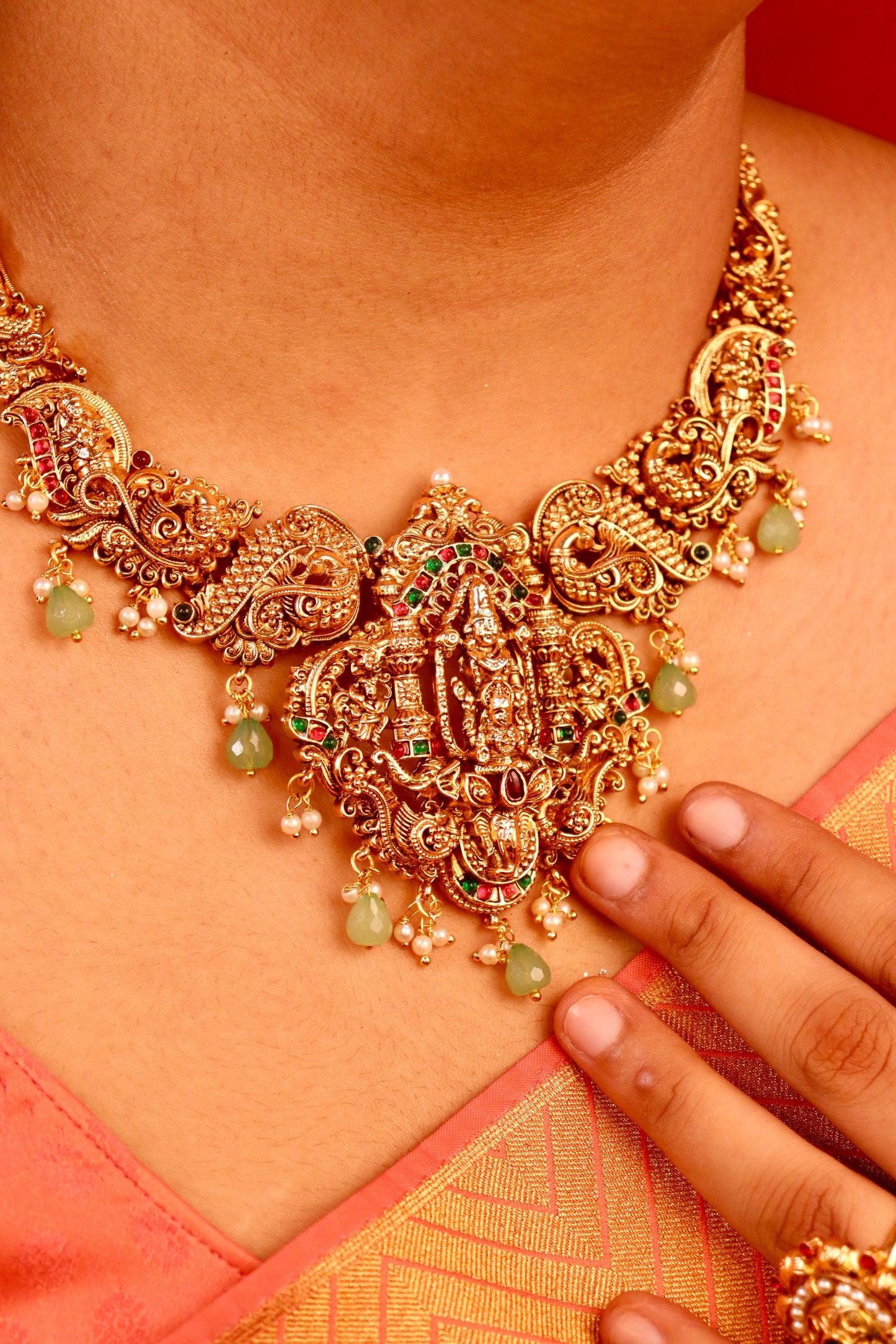 Sri Venkatesh Temple Green Necklace Set